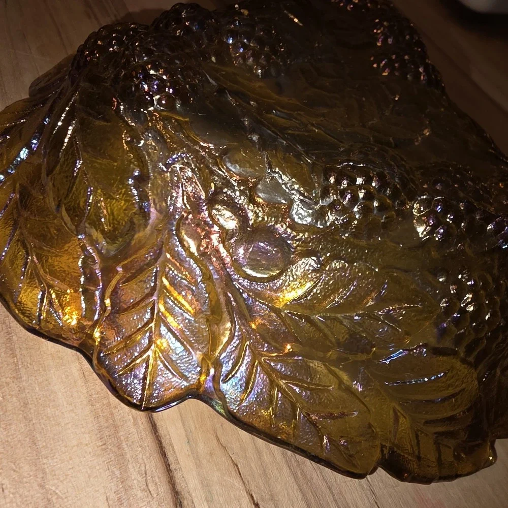 Indiana Amber Carnival Glass Vintage Marigold Loganberry Triangle Candy Nut Dish